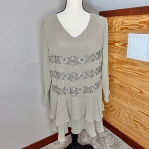 Soft Surroundings Beaded Tiered V-Neck Long Sleeve Top Blouse Petite Large PL